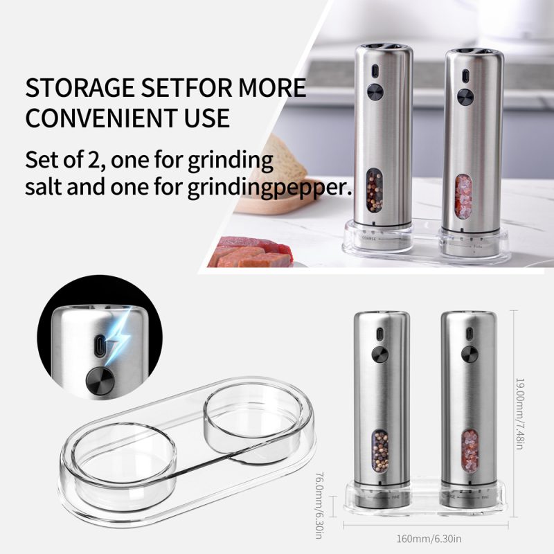 KYMQ-75A-BS KLT New Arrival Rechargeable Stainless Steel Electric Gravity Sensing Pepper And Salt Grinder Mill with External Coarseness Adjustable Ring - Image 13