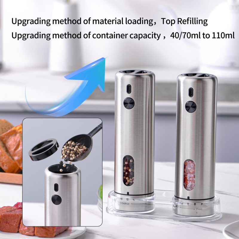 KYMQ-75A-BS KLT New Arrival Rechargeable Stainless Steel Electric Gravity Sensing Pepper And Salt Grinder Mill with External Coarseness Adjustable Ring - Image 2