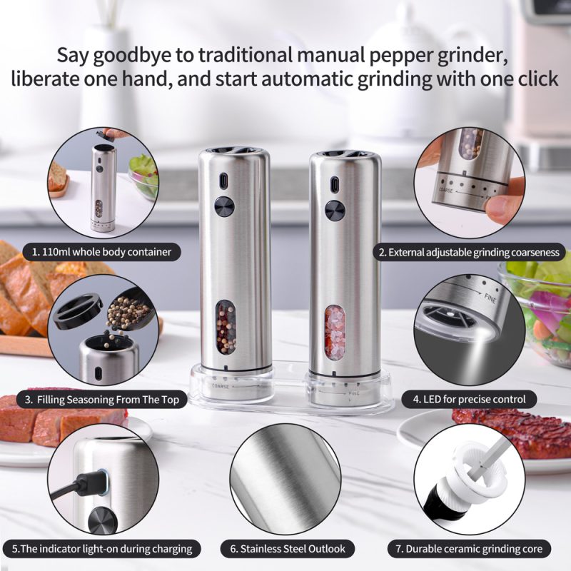 KYMQ-75A-BS KLT New Arrival Rechargeable Stainless Steel Electric Gravity Sensing Pepper And Salt Grinder Mill with External Coarseness Adjustable Ring - Image 3