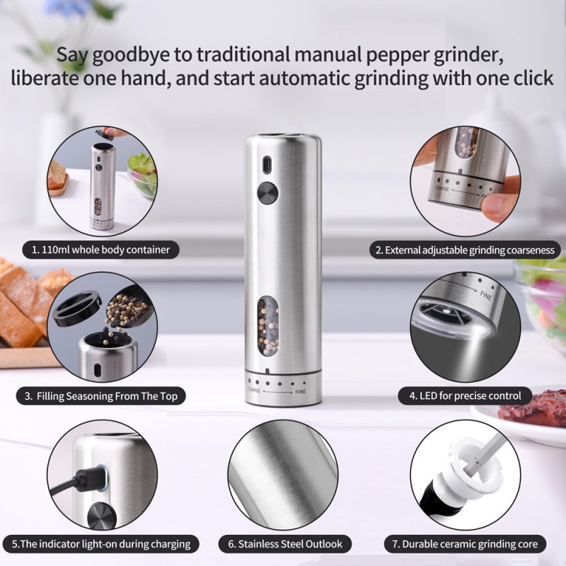 KYMQ-75A KLT New Arrival Rechargeable Stainless Steel Electric Gravity Sensing Pepper And Salt Grinder Mill with External Coarseness Adjustable Ring - Image 13