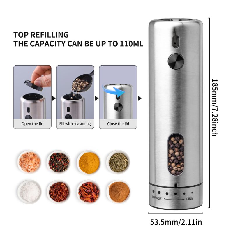 KYMQ-75A KLT New Arrival Rechargeable Stainless Steel Electric Gravity Sensing Pepper And Salt Grinder Mill with External Coarseness Adjustable Ring - Image 14