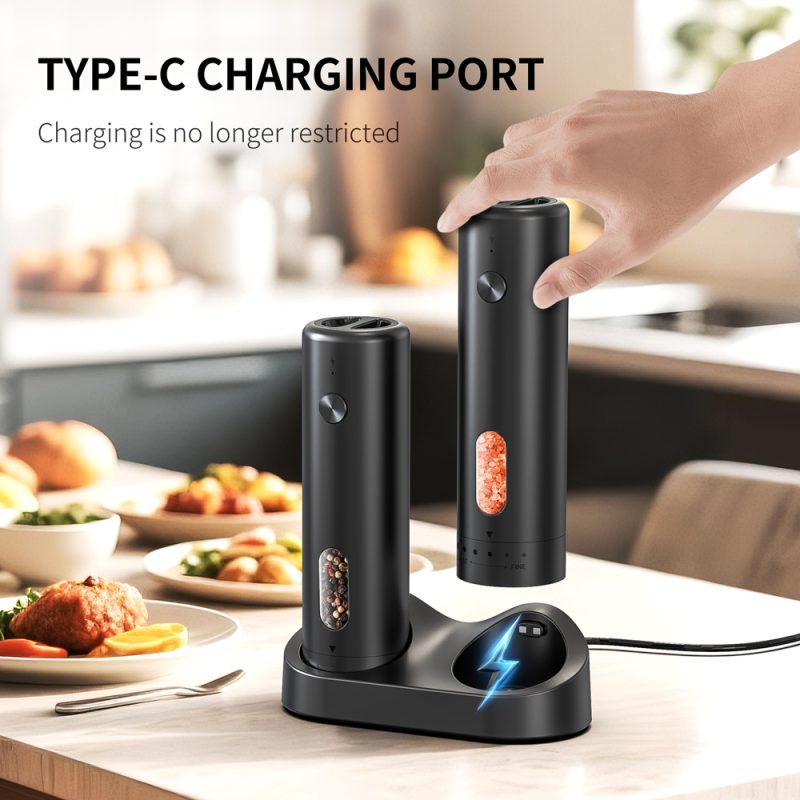 KYMQ-65C KLT New Arrival 2 pcs Base Charging Rechargeable Electric Gravity Sensing Pepper And Salt Grinder Mill with External Coarseness Adjustable Ring - Image 2