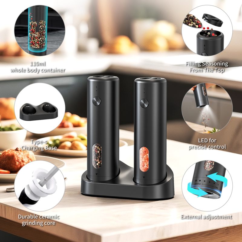 KYMQ-65C KLT New Arrival 2 pcs Base Charging Rechargeable Electric Gravity Sensing Pepper And Salt Grinder Mill with External Coarseness Adjustable Ring - Image 4