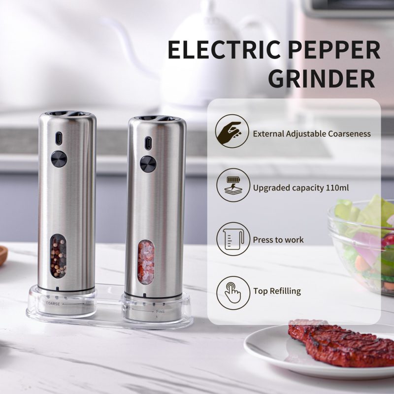 KYMQ-75A-BS KLT New Arrival Rechargeable Stainless Steel Electric Gravity Sensing Pepper And Salt Grinder Mill with External Coarseness Adjustable Ring - Image 11