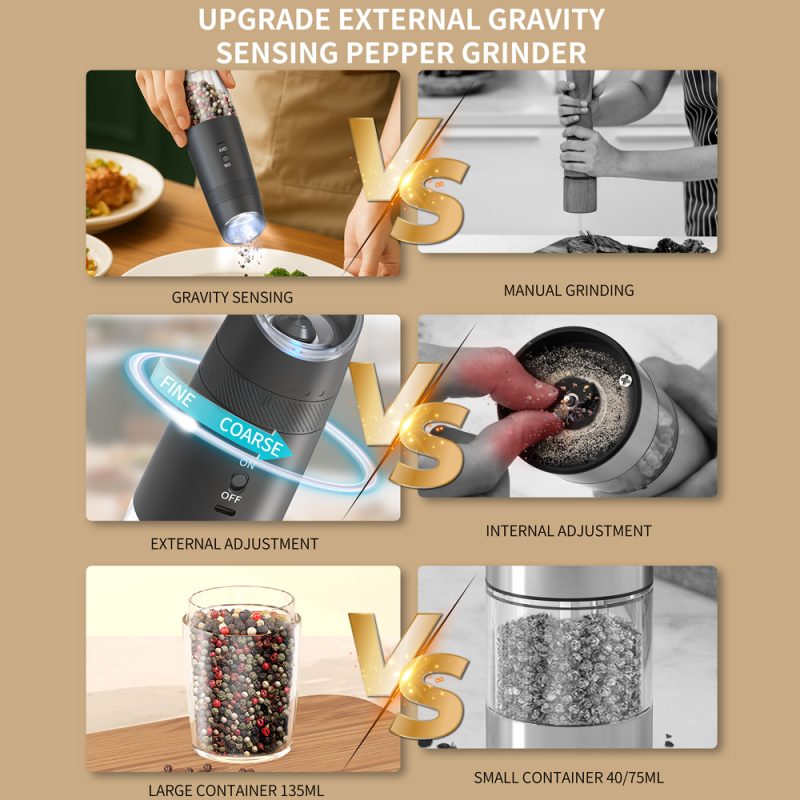 DGS-KYMQ-48A KLT New Arrival 2 pcs Rechargeable Gravity Sensing Electric Gravity Sensing Pepper And Salt Grinder Mill with External Coarseness Adjustable Ring - Image 10