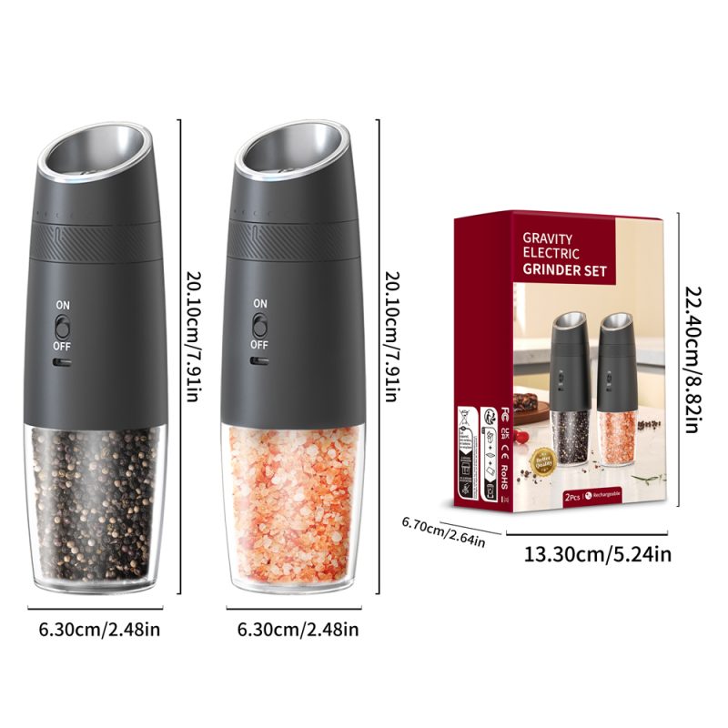 DGS-KYMQ-48A KLT New Arrival 2 pcs Rechargeable Gravity Sensing Electric Gravity Sensing Pepper And Salt Grinder Mill with External Coarseness Adjustable Ring - Image 9