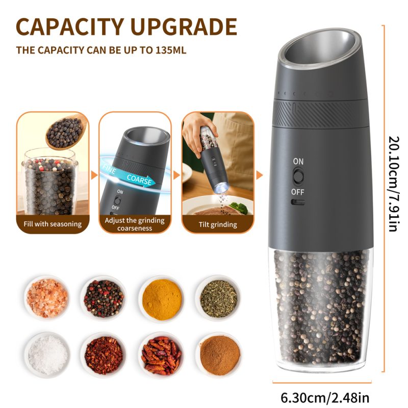 DGS-KYMQ-48A KLT New Arrival 2 pcs Rechargeable Gravity Sensing Electric Gravity Sensing Pepper And Salt Grinder Mill with External Coarseness Adjustable Ring - Image 7