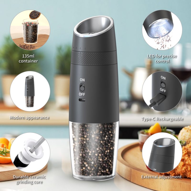 DGS-KYMQ-48A KLT New Arrival 2 pcs Rechargeable Gravity Sensing Electric Gravity Sensing Pepper And Salt Grinder Mill with External Coarseness Adjustable Ring - Image 14