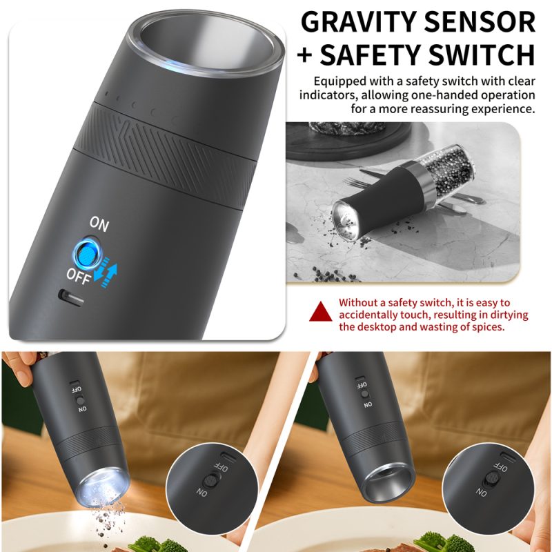 DGS-KYMQ-48A KLT New Arrival 2 pcs Rechargeable Gravity Sensing Electric Gravity Sensing Pepper And Salt Grinder Mill with External Coarseness Adjustable Ring - Image 15