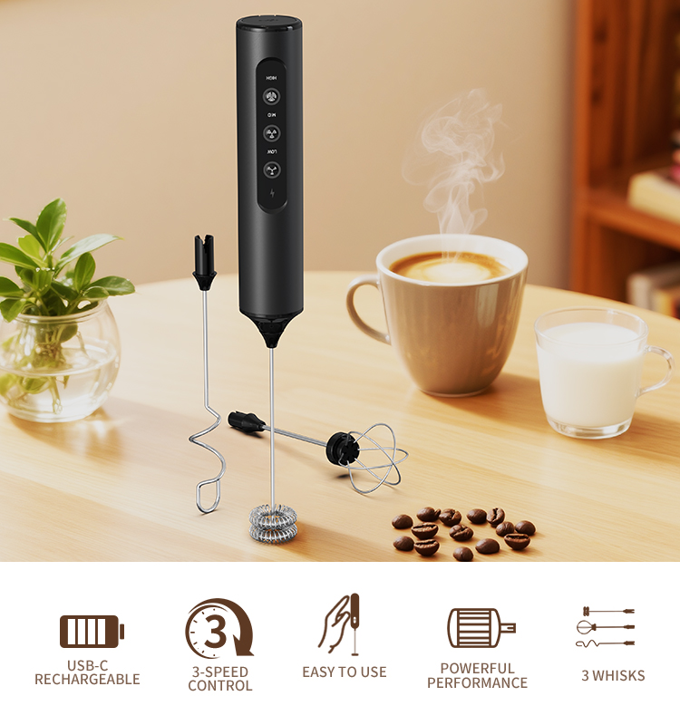 2025 Milk Frother New Arrival KJBQ-23X Rechargeable Electric Milk Frother Automatic Handheld Milk Frother Coffee Foamer Mixer Coffee 3 Gears of Speed Control - Image 3