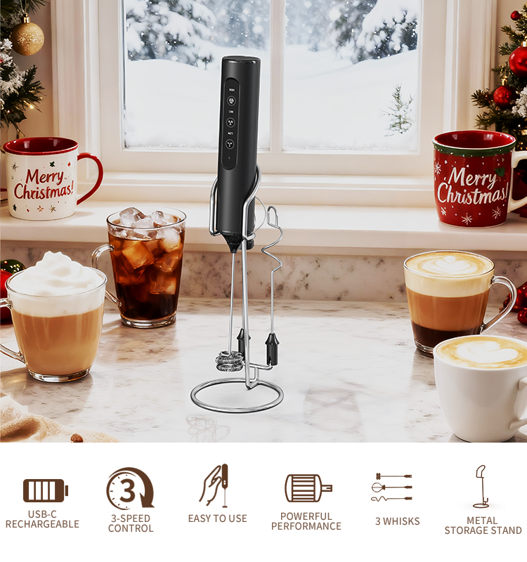 2025 Milk Frother New Arrival KJBQ-23X-BS Rechargeable Electric Milk Frother with Storage Base Automatic Handheld Milk Frother Coffee Foamer Mixer Coffee 3 Gears of Speed Control - Image 15