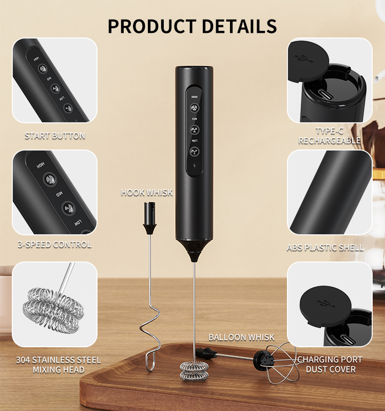 2025 Milk Frother New Arrival KJBQ-23X Rechargeable Electric Milk Frother Automatic Handheld Milk Frother Coffee Foamer Mixer Coffee 3 Gears of Speed Control - Image 8