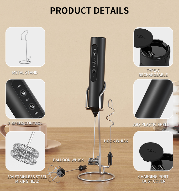 2025 Milk Frother New Arrival KJBQ-23X-BS Rechargeable Electric Milk Frother with Storage Base Automatic Handheld Milk Frother Coffee Foamer Mixer Coffee 3 Gears of Speed Control - Image 8