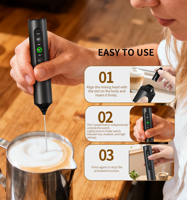2025 Milk Frother New Arrival KJBQ-23X-BS Rechargeable Electric Milk Frother with Storage Base Automatic Handheld Milk Frother Coffee Foamer Mixer Coffee 3 Gears of Speed Control - Image 6