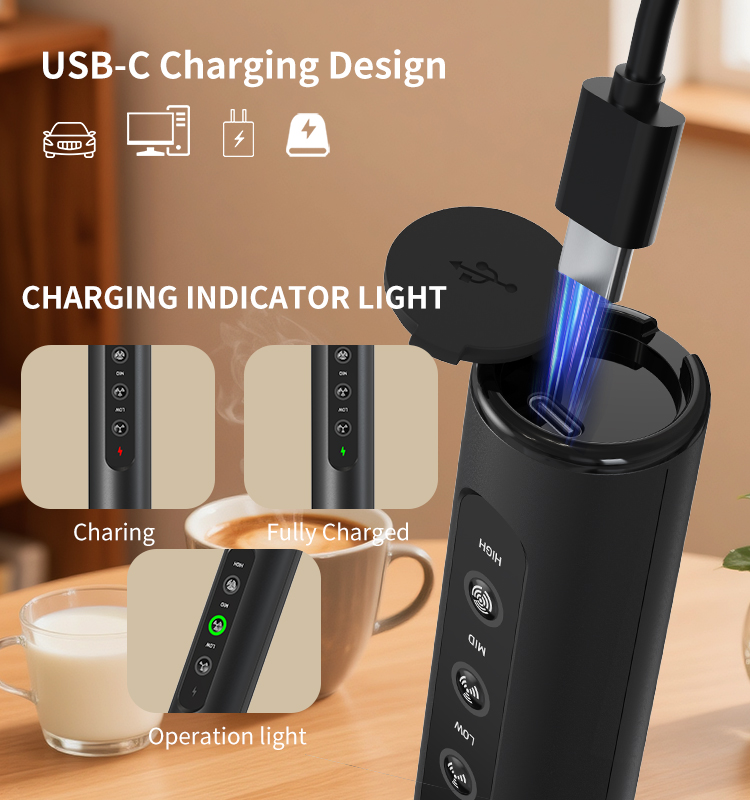 2025 Milk Frother New Arrival KJBQ-23X Rechargeable Electric Milk Frother Automatic Handheld Milk Frother Coffee Foamer Mixer Coffee 3 Gears of Speed Control - Image 5