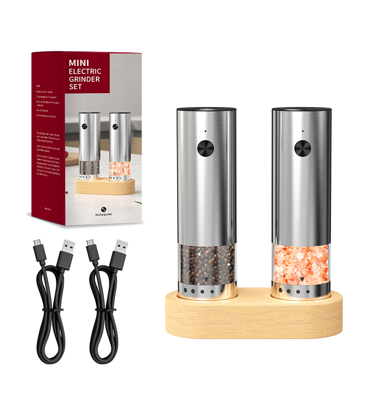 2025 Latest KYMQ-82A-BS Mini Rechargeable Salt and Pepper Mill 2 pcs with a Wooden Base External Coarseness Adjustment Popular in Korea and Japan Pepper Grinder Factory And Manufacturer