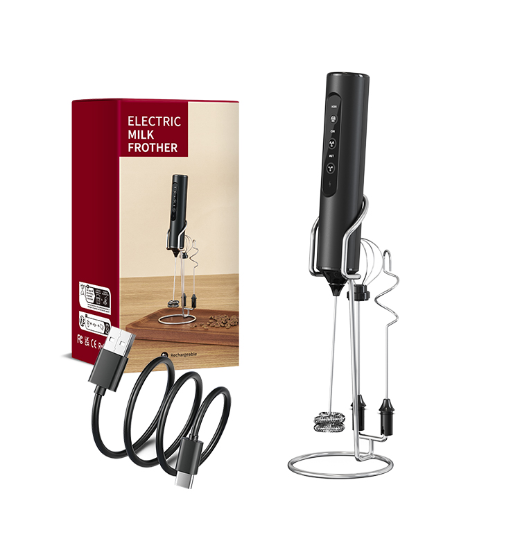 2025 Milk Frother New Arrival KJBQ-23X-BS Rechargeable Electric Milk Frother with Storage Base Automatic Handheld Milk Frother Coffee Foamer Mixer Coffee 3 Gears of Speed Control