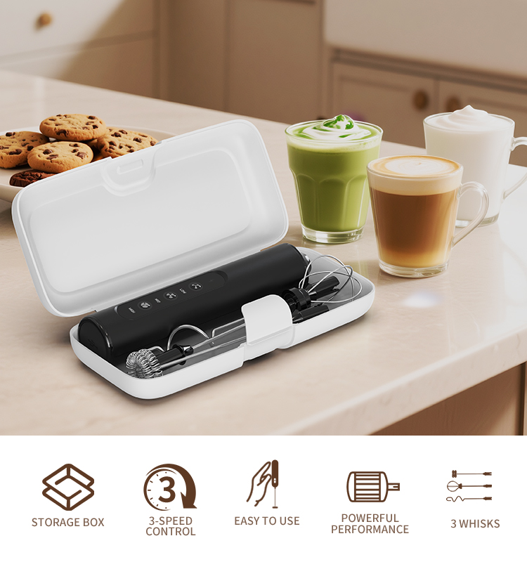 2025 Milk Frother New Arrival KJBQ-23X-BOX Portable Version Rechargeable Electric Milk Frother with Storage Base Automatic Handheld Milk Frother Coffee Foamer Mixer Coffee 3 Gears of Speed Control - Image 10