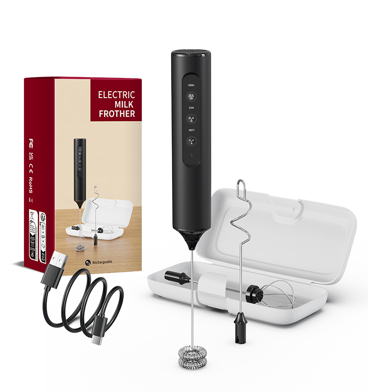 2025 Milk Frother New Arrival KJBQ-23X-BOX Portable Version Rechargeable Electric Milk Frother with Storage Base Automatic Handheld Milk Frother Coffee Foamer Mixer Coffee 3 Gears of Speed Control